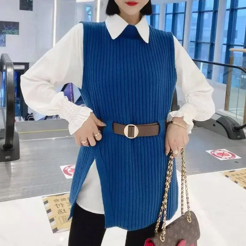 Knit Sweaters Blouse Set Women Two Piece Suit Full Spring Shirt Knitted Vest Korean Belt Elegant Tops White Lace Up Autumn Y2k