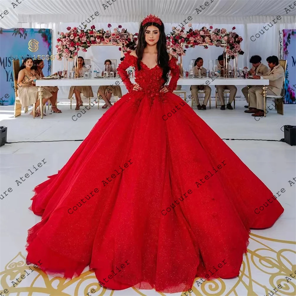 Special Red Long Sleeves Quinceanera Dresses 2024 Princess Sweet 15 Years Girl Birthday Party Dresses Vestidos De Quinceañera