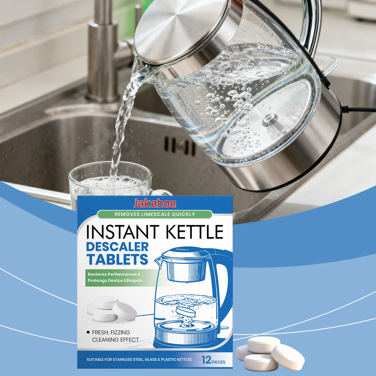 Universal Kettle Descaler - Effervescent Cleaning Tablets, Removes Limescale & Stains for Clear, Bright Surfaces