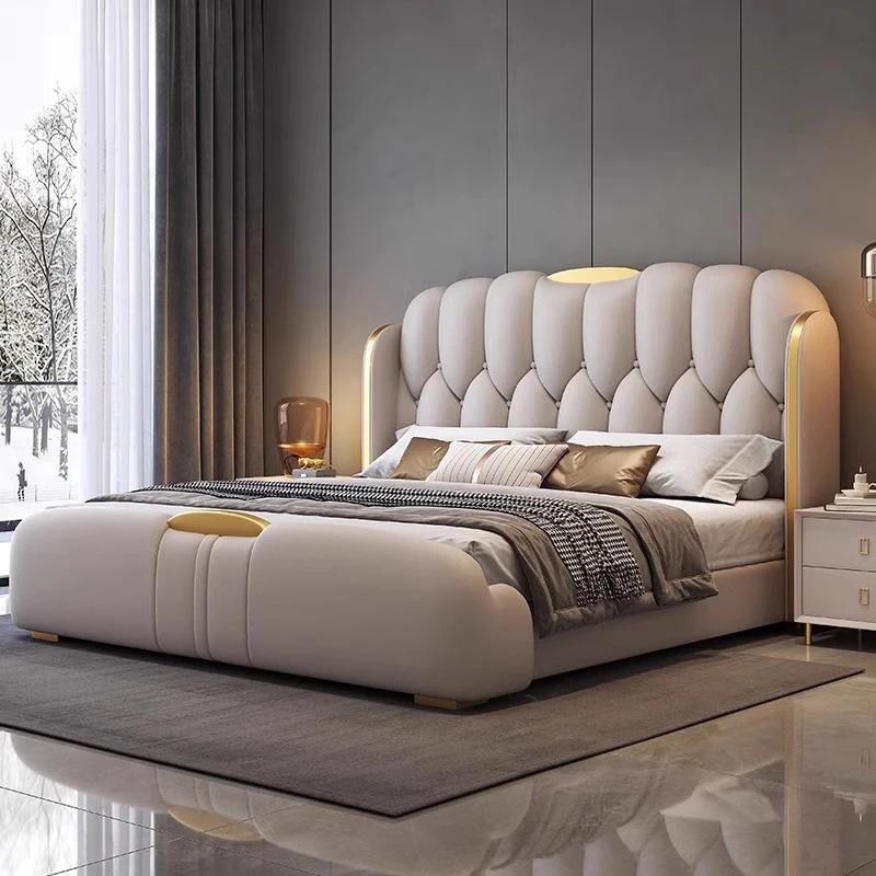 Light Luxury Italian Minimalist Double Bed 2m X 2.2m High-End Atmosphere Modern Leather Bed for Master Bedroom Wedding Bed