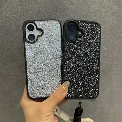 Luxury Bling Glitter Flash Black Phone Case For iPhone 17 Pro 16 15 13 12 11 Pro Max Air Funda 14 Plus Spangle Hard Back Cover