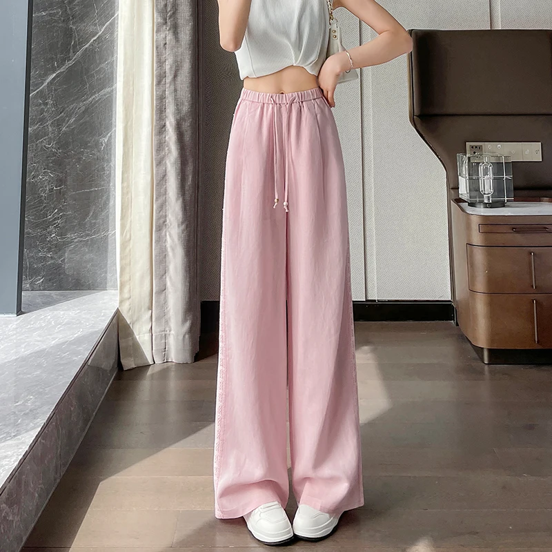 2025 Summer New Ice Silk Linen Wide Leg Pants for Women Comfortable Thin High Waist Yamamoto Pants Casual Lace Splicing Pants