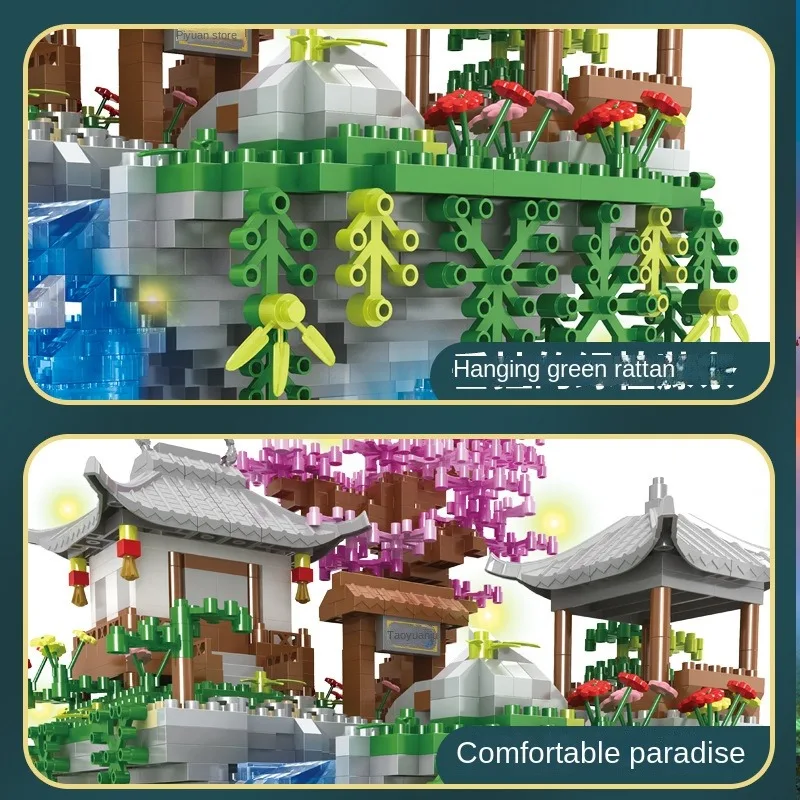 Montaż klocków, architektura starożytna, starożytny styl, staw z kwiatem brzoskwini, mikrocząsteczki, dzieci o wysokim stopniu trudności