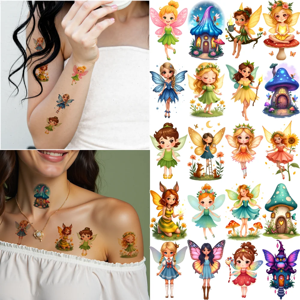 

63pcs Temporary Tattoo Fairies Cartoon Mushrooms Wings Temporary Tattoo Stickers Lantern For Shoulders