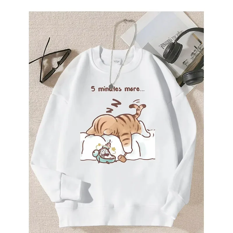 The Cat That Always Wants To Sleep Pattern Printed Hooded Women Simple Warm Autumn Sweatshirt Street Casual Unisex Pullovers