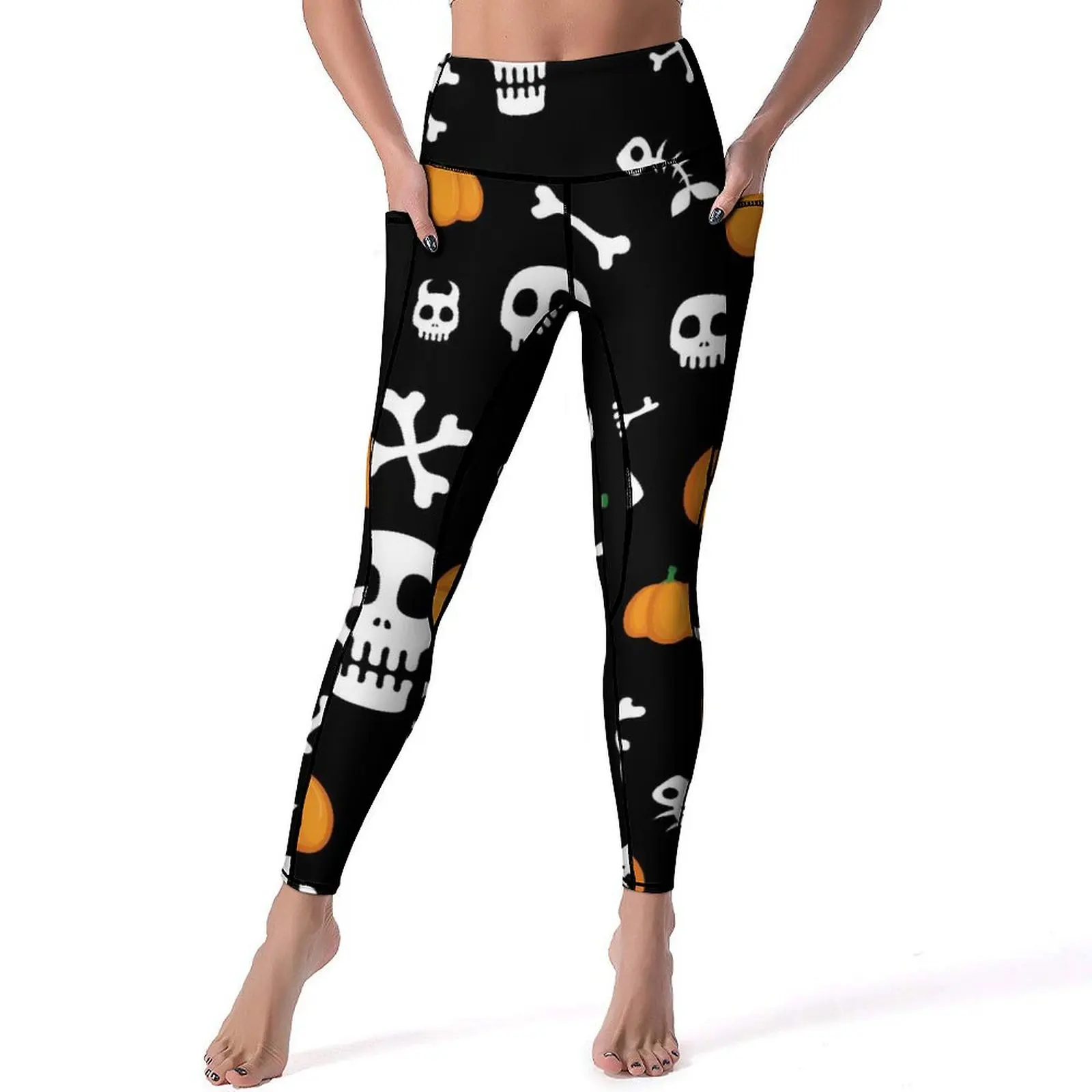 Happy Haunts Leggings Skulls Bones And Pumpkins Gym Yoga Pants Push Up Vintage Leggins Elastic Design Sports Tights Gift