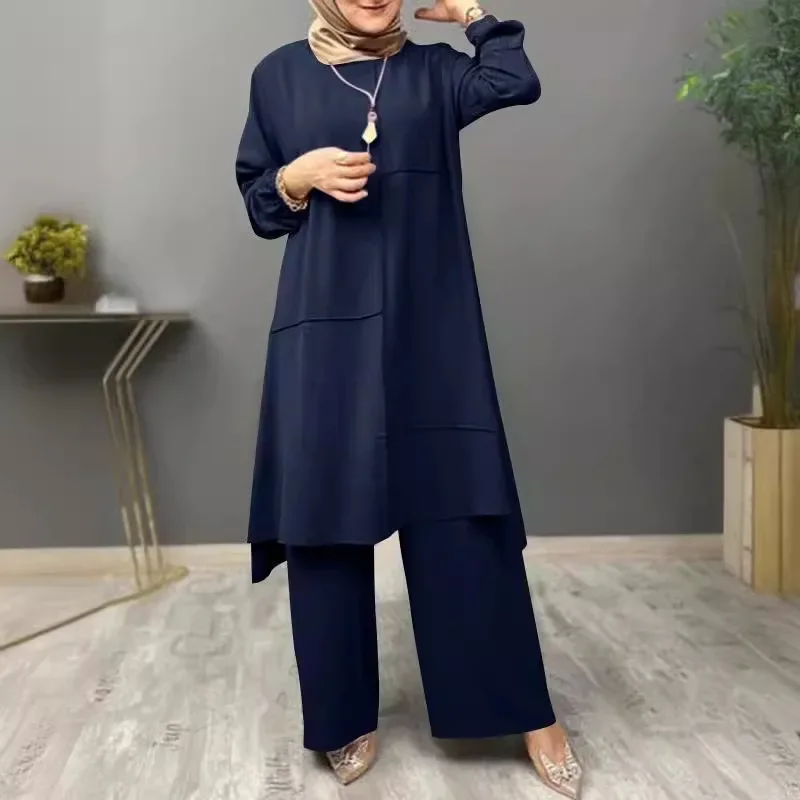 New  Casual Solid Women Matching Set Ladies Outfits 2ps Casual Long Sleeves Muslim Sets O-Neck Turkish Blouse Wide Leg Pant Suit