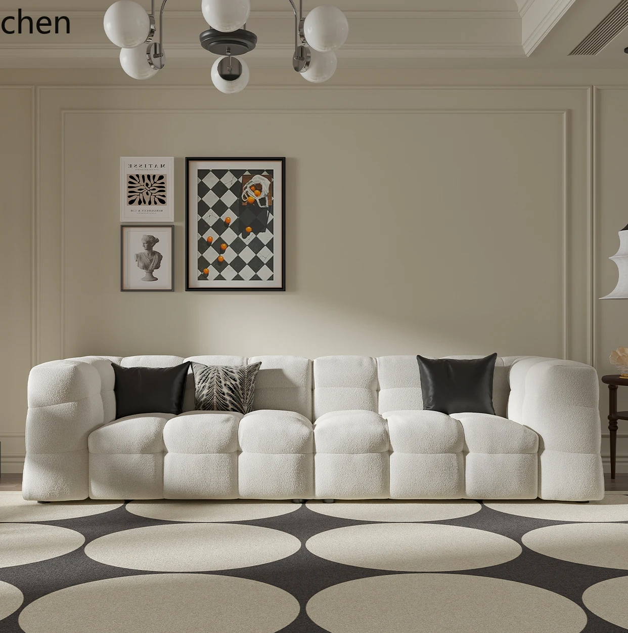 HXL Cream Style Fabric Lamb Wool White Vintage Sofa Three-Seater