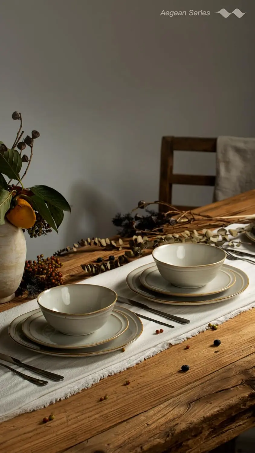 에게해 석기 식기 세트 8인용, 접시 및 그릇 세트, 24피스 스크래치 방지 식기 세트, 수제 불규칙 원형 D