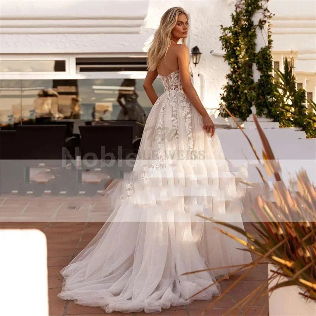 Boho Style Tulle Wedding Dress with Sweep Train and Floral Details Customized