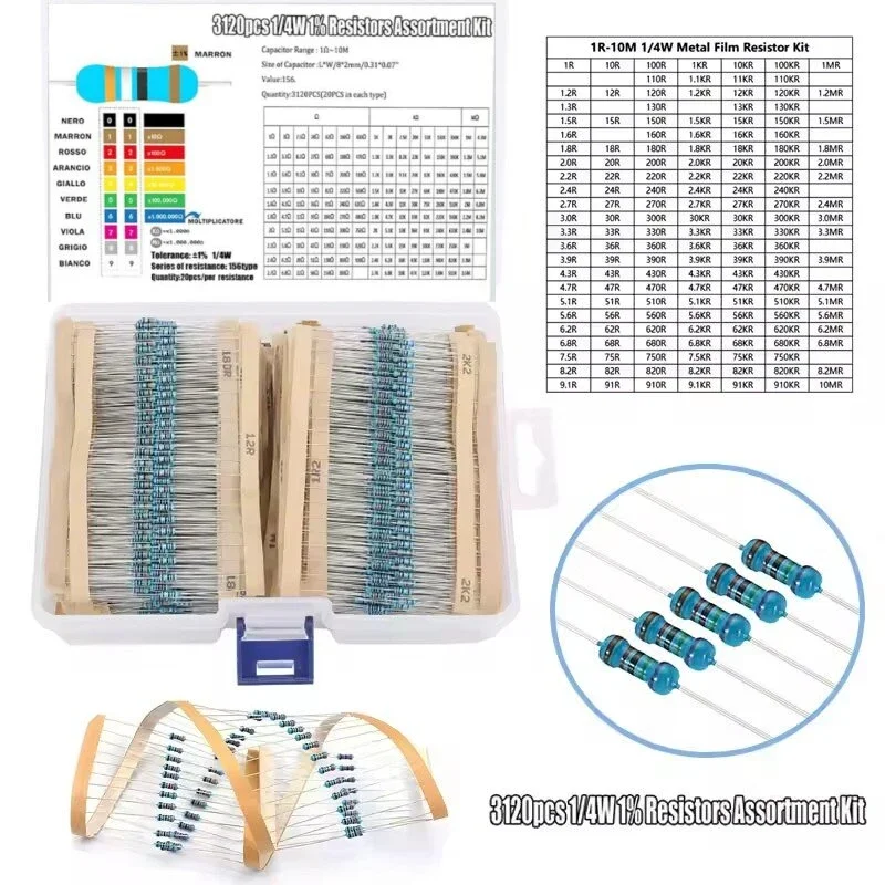 3120pcs 156 Values 1 -10M Ohm 1/4W 5% Carbon Film Resistors Assortment Kit Electronic Components