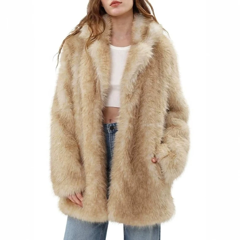 Women Faux Fur Mid Length Coats Jackets Turn Down Collar Coat Thick Warm Y2k Streetwear Jacket Elegant Work Autumn Winter