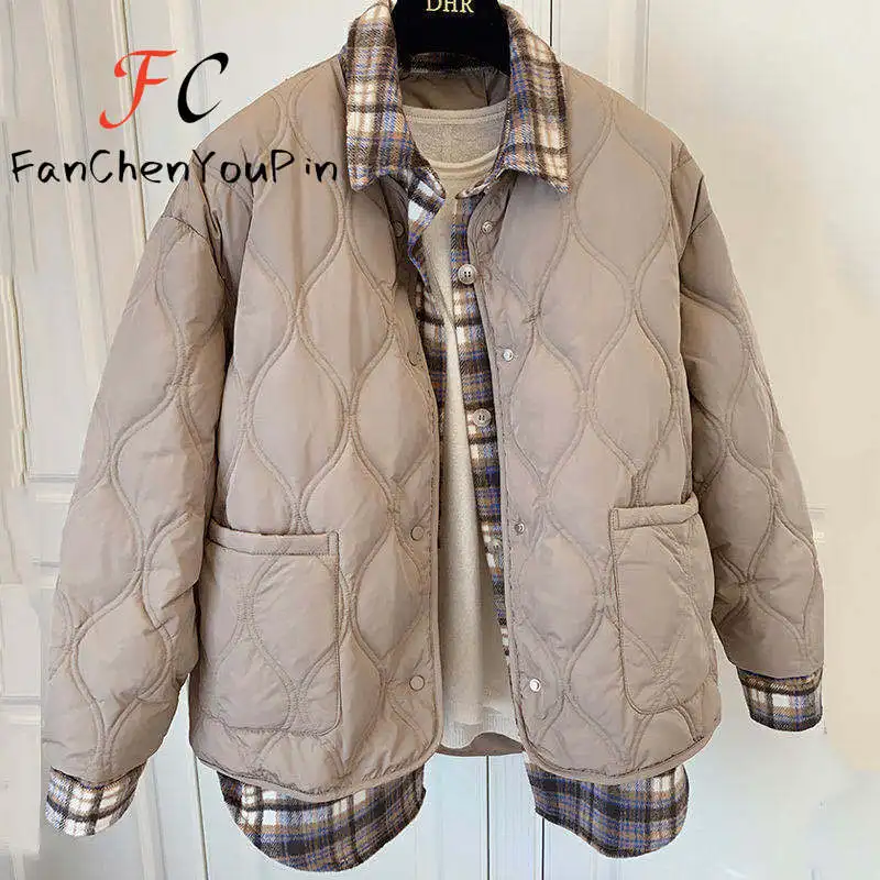 New Autumn Winter Women's Coat Fashion Loose Checkered Shirt Splicing Long Sleeved Cotton Jacket Casual Temperament Thin Parkas image 5