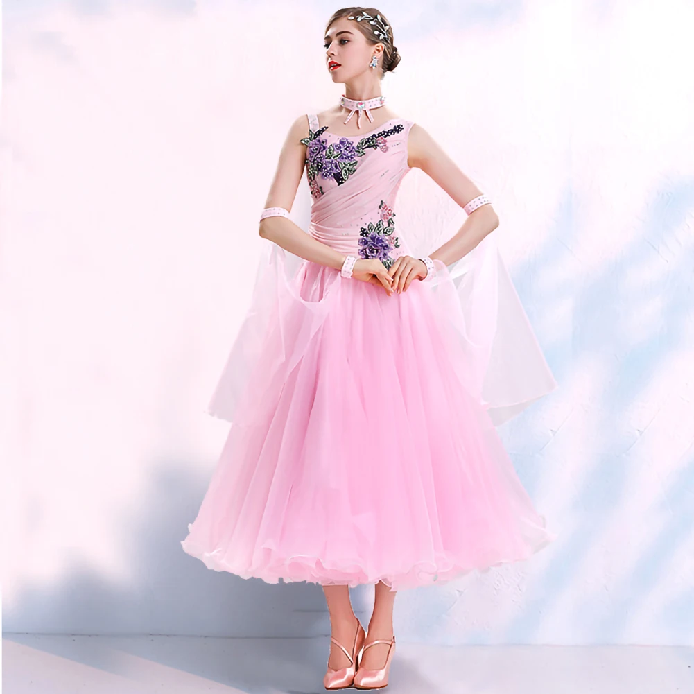 

Dance dress Standard woman pink new clothes blue round neck yellow waltz clothing sleeveless applique rhinestone dress