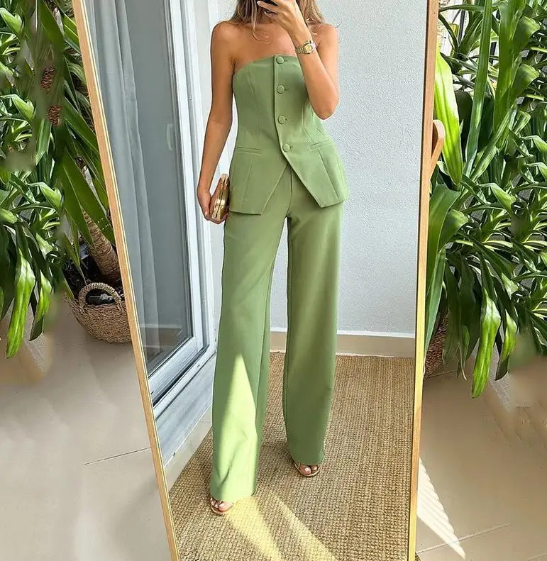 

Summer New Fashion Commuting Two Piece Set for Women's Elegant Button Sleeveless Bra Top and High Waist Straight Leg Pants Set