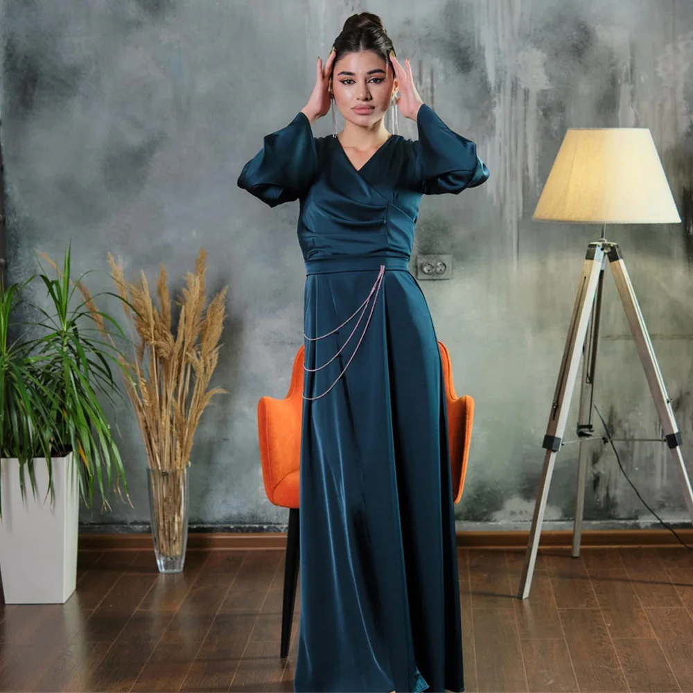 

Grace Satin V-Neck Long Sleeve Formal Evening Dress Pleat Tassel Prom Gown for Women Sexy Soldi Color Party فساتين السهرة