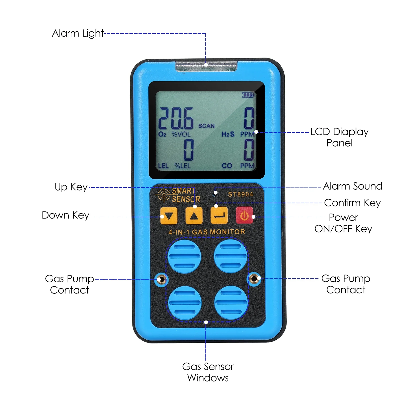 SMART SENSOR ST8904 Multifunctional Gas Detector Oxygen O2 Hydrogen Sulfide H2S Carbon Monoxide CO Combustible Gas LEL Gas Meter