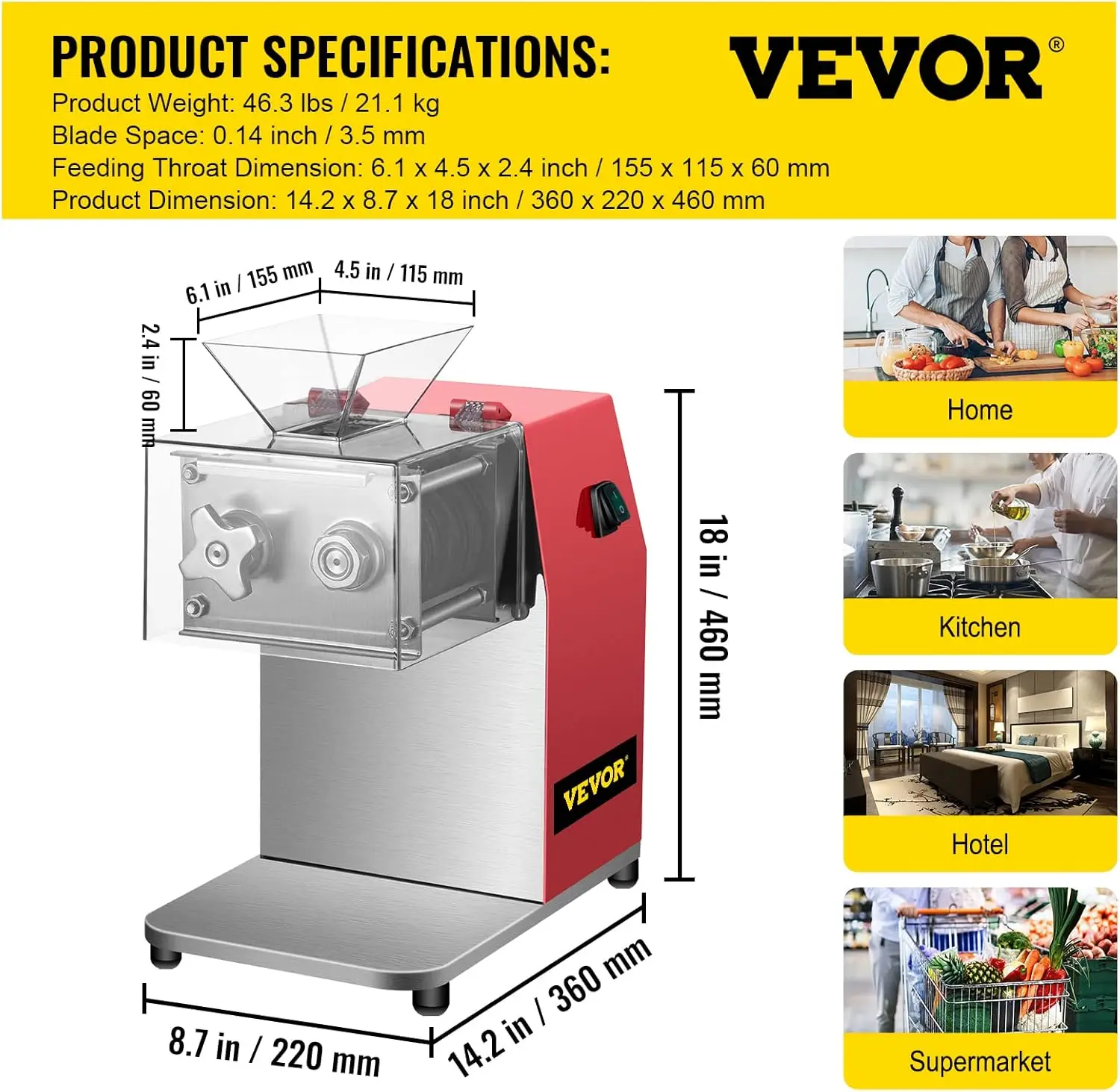 Machine de découpe de viande commerciale, coupe-viande électrique à lame de 551mm, acier inoxydable Dominau, 850 Lbs/H, 3.5 W