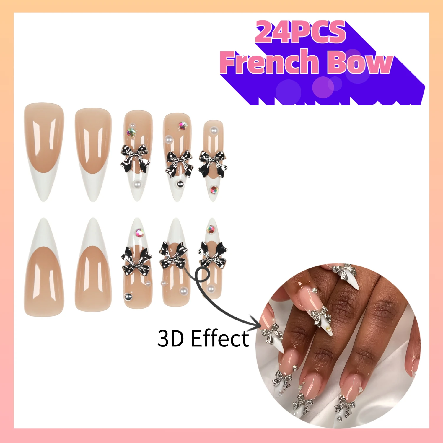 24 pièces français perle ongles presse sur Long bricolage bâton sur ongles Flash diamant couverture complète ongles conseils portable fini ongles ongles