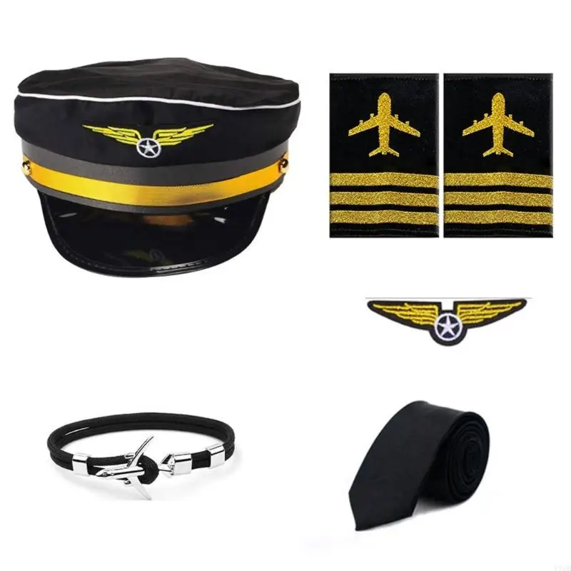 Trajes capitán línea aérea, sombrero capitán, charreteras uniforme, corbata para cuello, guantes, disfraz y y