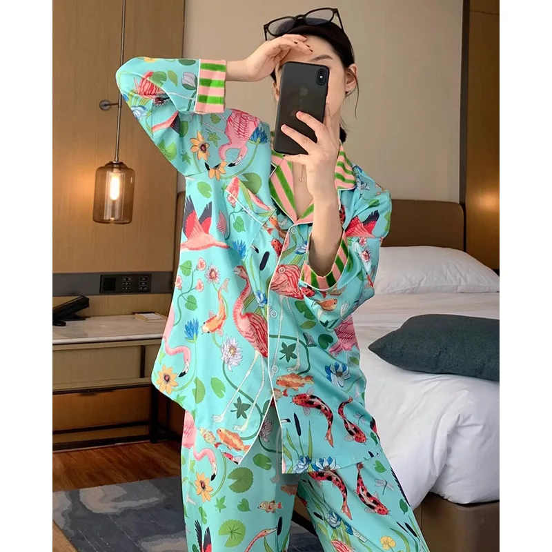 Women\'s Pajamas Sets Spring Autumn 2 Piece Animal Print Pyjama Faux Silk Satin Sleepwear Long Sleeve Pijama Mujer Pjs Homewear