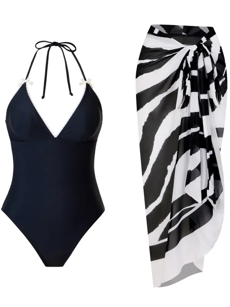 Retro Bikini Printed Fashion One Piece Swimsuit And Cover Up With Skirt Tight Women's Bandage Summer Beach Luxury Elegant