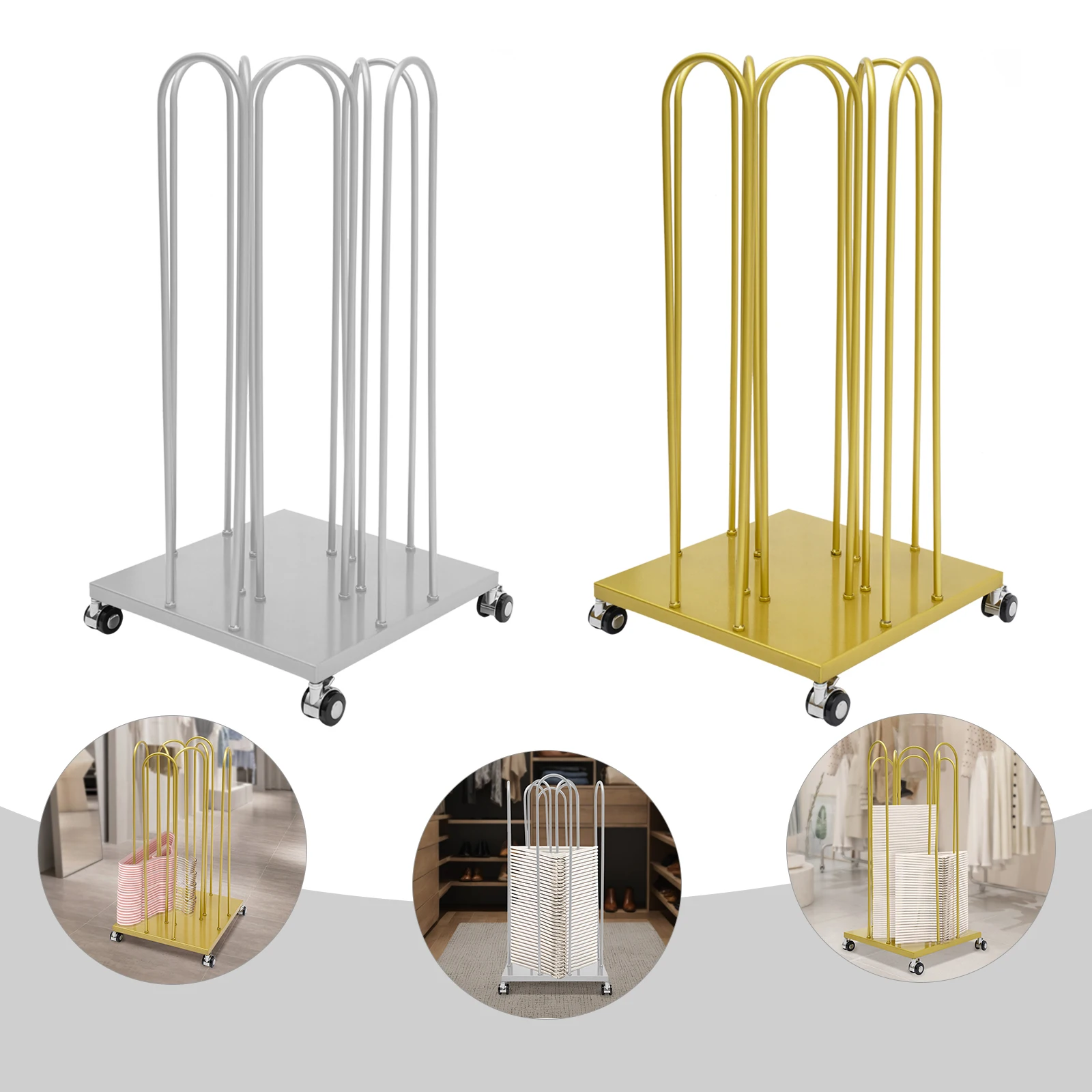 

Железная вешалка 4 в 1, серебряная/золотая квадратная вешалка-органайзер, стеллаж для хранения с колесами, отдельно стоящий 80 см для спален, балконов