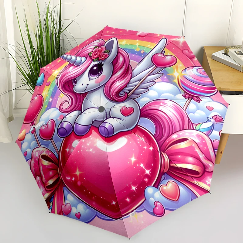 

1 шт., складной зонт розового единорога, модный дизайн с автоматическим открытием, 8 железных ребер, пластиковая ручка, складной солнцезащитный козырек, идеальные рождественские подарки