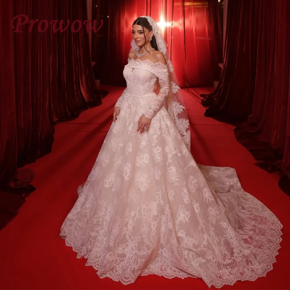 

Prowow Luxury Off the Shoulder Lace Wedding Dresses Full Sleeves Modest A Line Bridal Gowns Sweep Train 2025 Customized