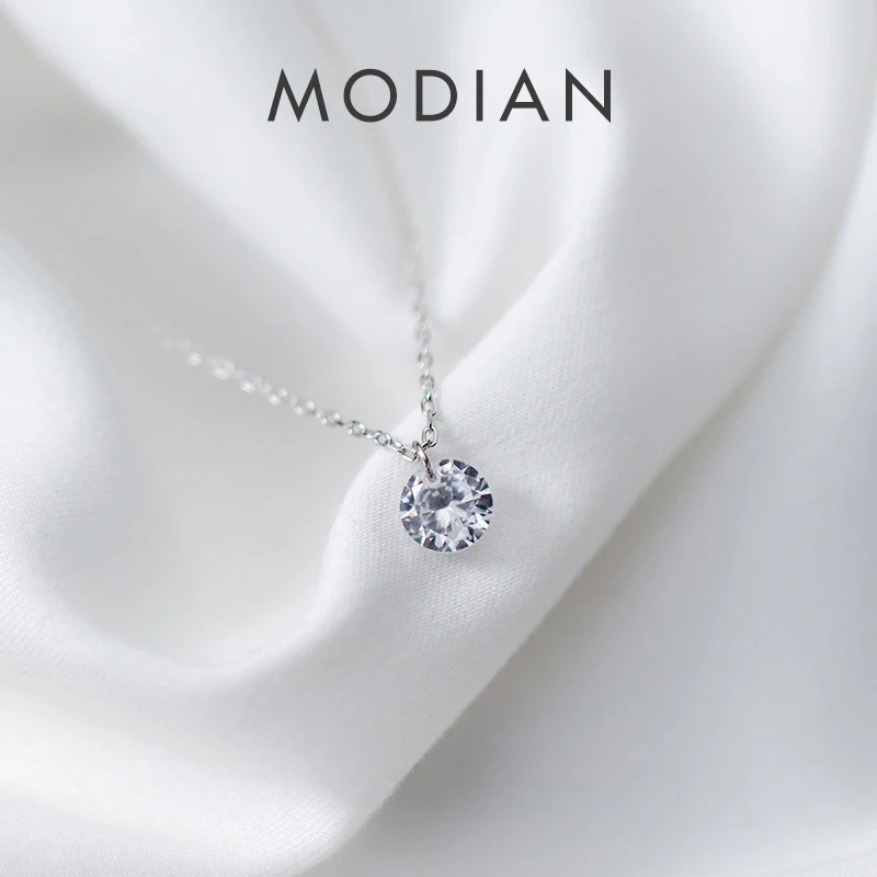 

Modian 2021 New Fashion Tiny 100% 925 Sterling Silver Round Clear Zircon Chain Necklaces Pendant For Women Wedding Jewelry Gift