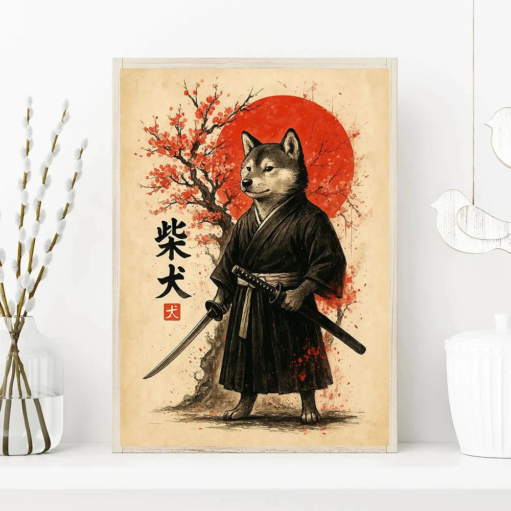 Schnauzer Corgi Shiba Inu Pet Samurai Poster Vintage Cherry Blossoms Canvas Painting Print Wall Picture Living Room Home Decor
