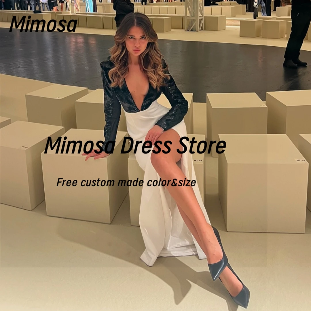 

Черное вечернее платье Mimosa с пайетками и длинными рукавами, с глубоким V-образным вырезом, сексуальное коктейльное платье с боковым разрезом, вечерние платья на заказ