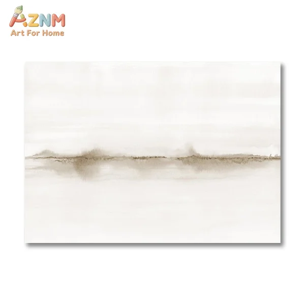 AZNM Neutral Brown Watercolor Landscape Canvas Wall Art Abstract Misty Mountain Lake Scenery Minimalist Ink Wash Painting Modern