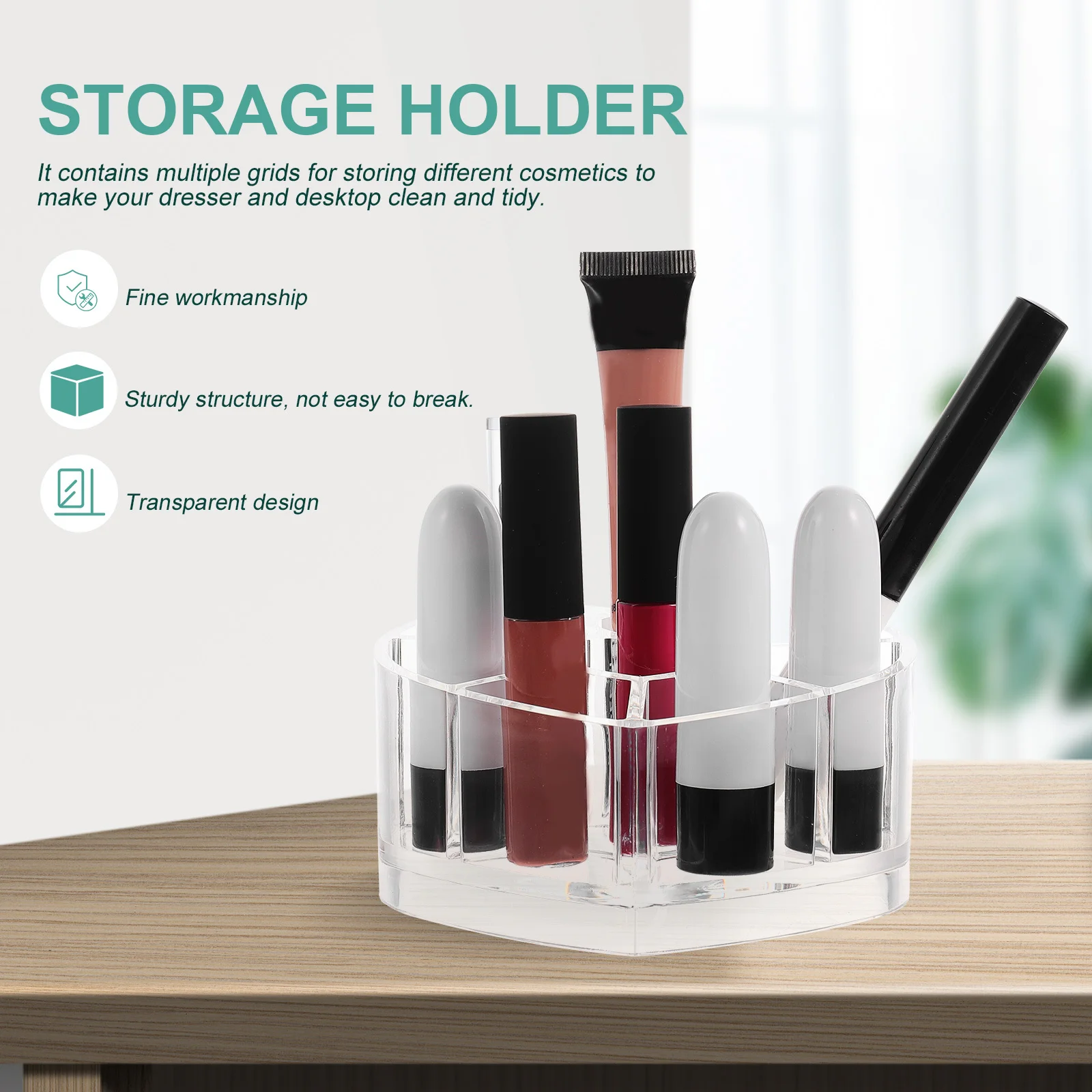 

Heart Shaped Acrylic Makeup Organizer with Multi-Grid Compartments Brush Holder Transparent Storage Case for Dresser