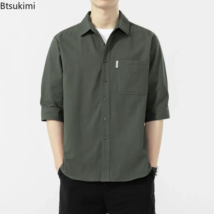 2025 Fashion Men's Short-sleeved Casual Shirt Comfortable Water Washed Cotton Shirt Coats Solid Loose Cardigan Tops Male Blouses