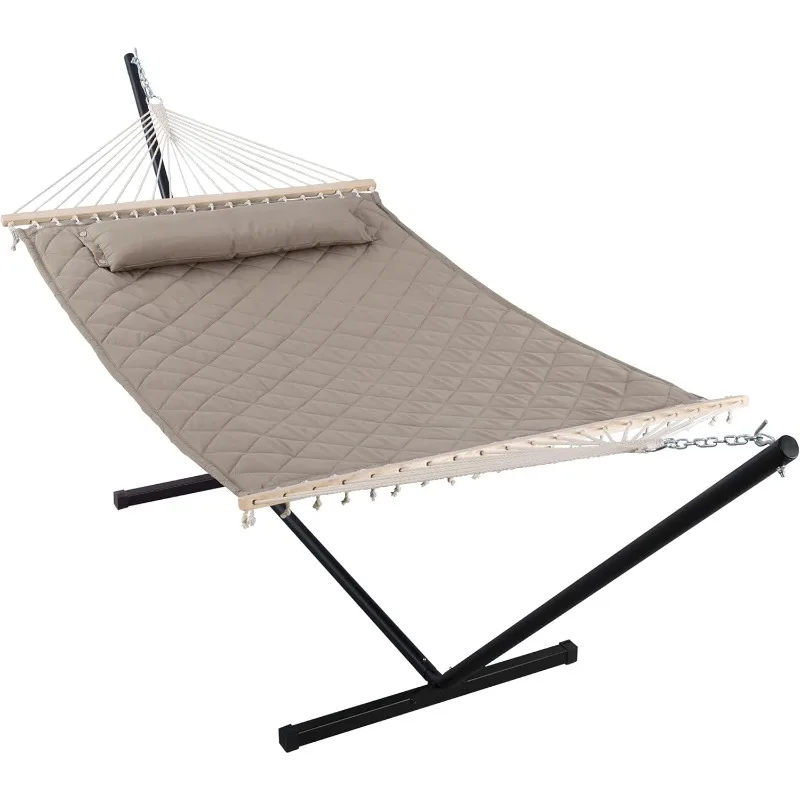 ANOW 2 Person Hammock with 12FT Stand, Heavy Duty Hammock with Stand for Outdoors, 450 LBS Weight Capacity, Light Brown