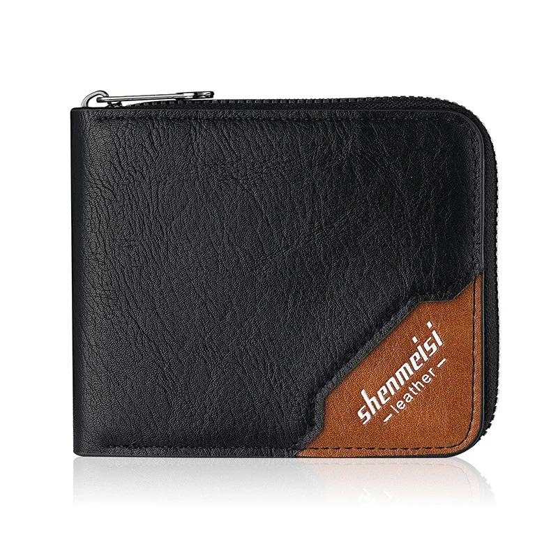 pu leather men's wallet fashion retro color collision splicing large capacity zipper anti lost wallet