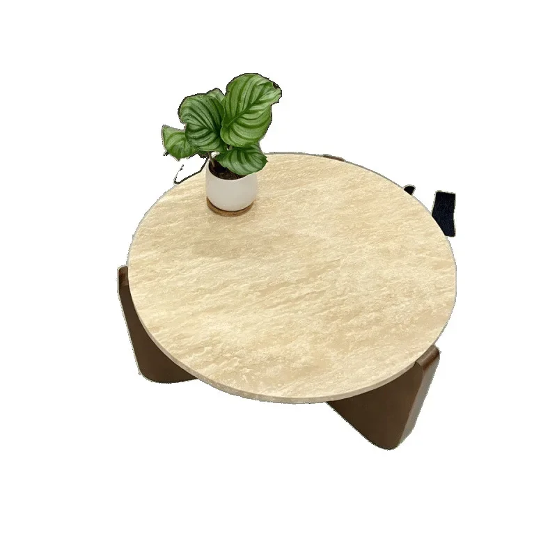 

Solid wood natural travertine coffee table marble homestay low table Nordic style ins style round coffee table