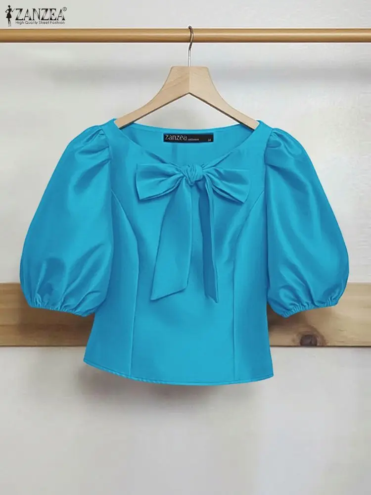 

ZANZEA Elegant Women Satin Blouses Bow Detail Half Puff Sleeve Glossy Solid Color Slim Fits Woman Tops 2025 New Daily Clothes