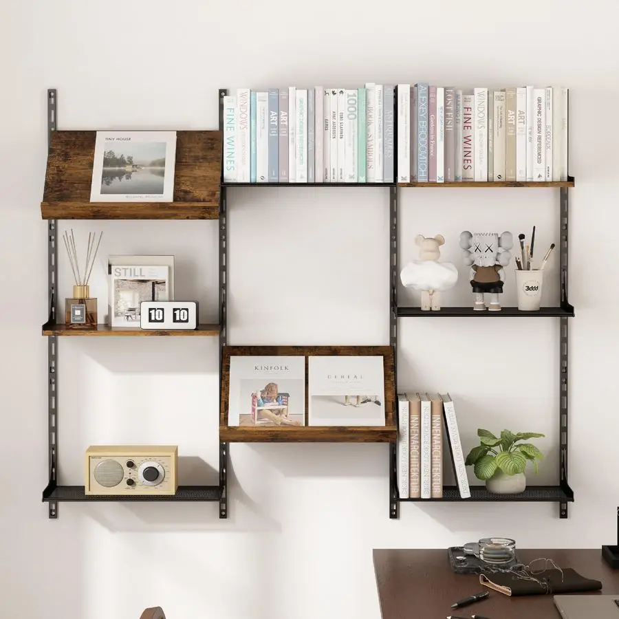 

Wall Mounted Floating Shelves, 8 Tier Wall Mounted Storage Shelves, Industrial Rustic Bookshelf with Adjustable Metal Brackets,
