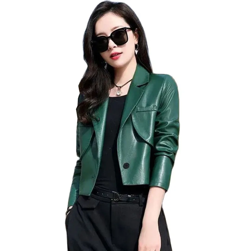 

Green Black Leather Jacket Women's Clothes 2024 Spring Autumn New Chic Motorcycle Leathers Short PU Pi Suit Coat Female Korean V