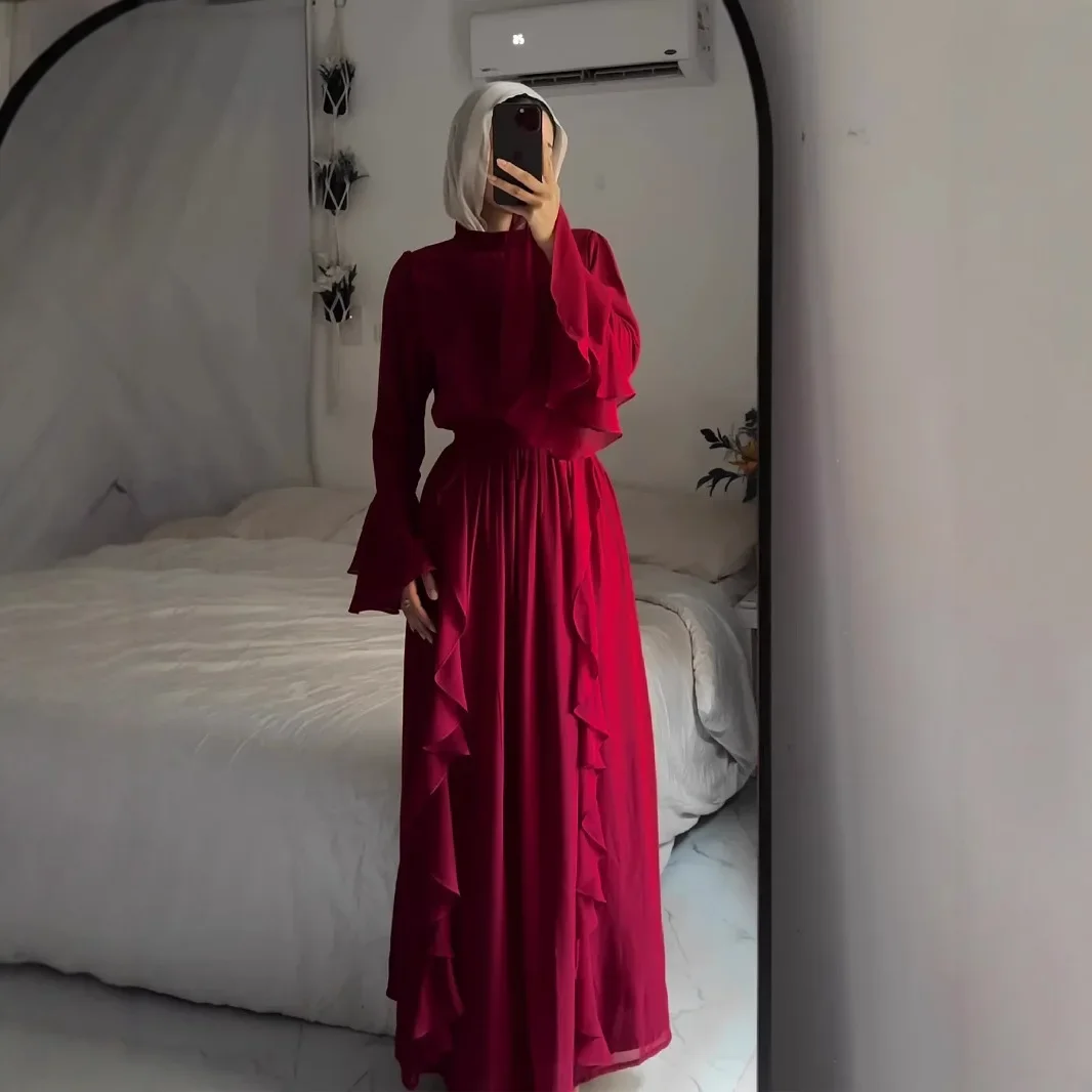

Chiffon Wood Ear Edge Splicing Chiffon Style Semi-high Neck Long Dress, Dubai Muslim Long Sleeve Robes, Slim Abaya Turkey Robe