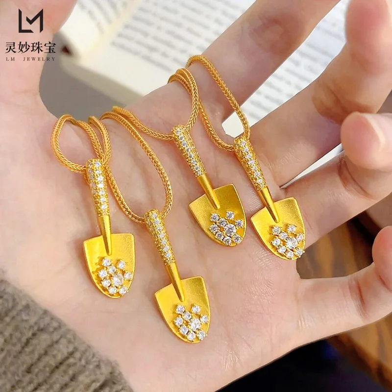 

9999 ancient method engraved point diamond gold shovel necklace 24K real gold pendant small shovel clavicle chain temperament