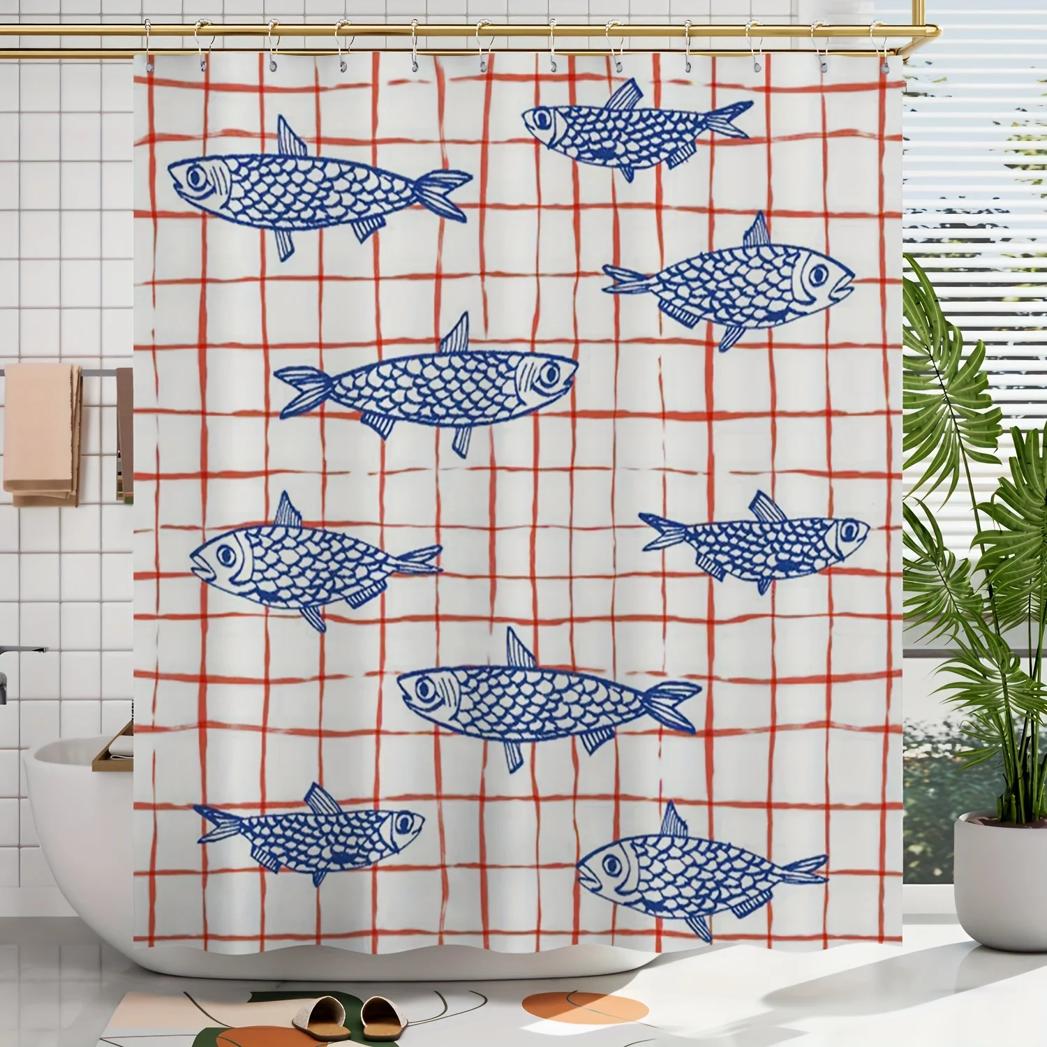

1pc Fish & Grid Pattern Shower Curtain - Blue Fish Design on White & Red Checkered Background, Machine Washable Polyester, Inclu