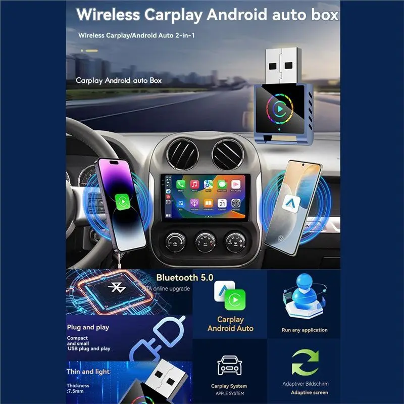 APPLIA-Smart AI Box 2 en 1 inalámbrico Carplay Android Auto adaptador RGB BT + WIFI USB Dongle Plug Play convertir conversión con cable a Wir