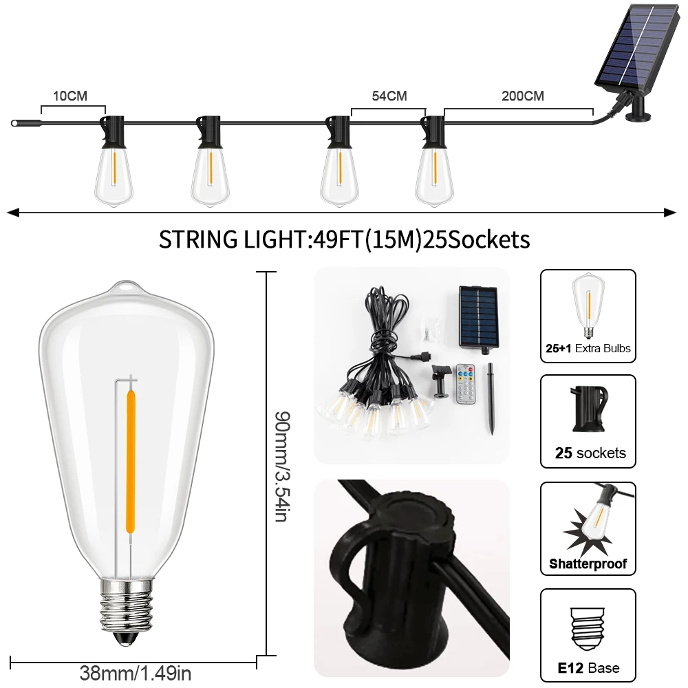 25FT 49FT 65FT LED Solar String Light ST38 Shatterproof Replacement Bulb 32FT Solar Garland For Patio Garden Backyard Decoration