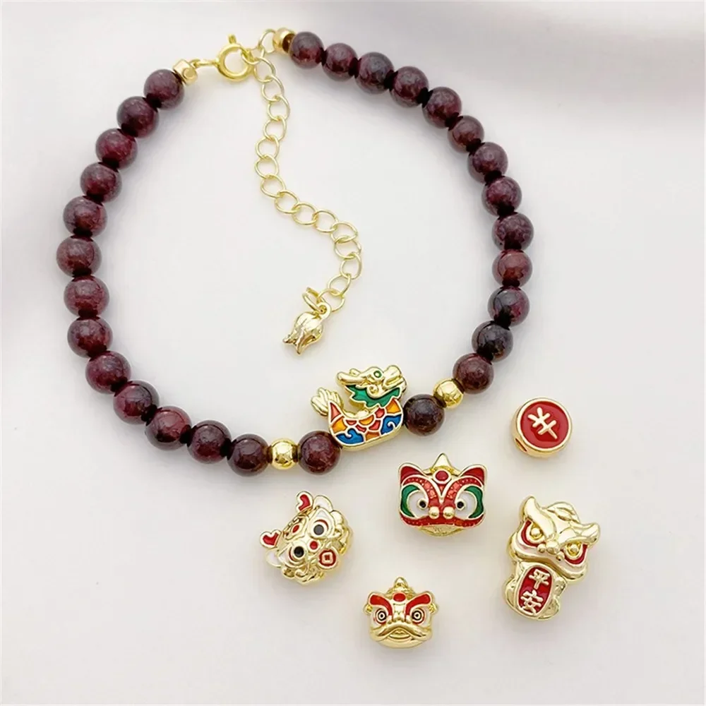 New Year's 14K Gold-wrapped Auspicious Lion Dance Chinese Knot Bead DIY Bracelet Necklace Jewelry Material Accessories