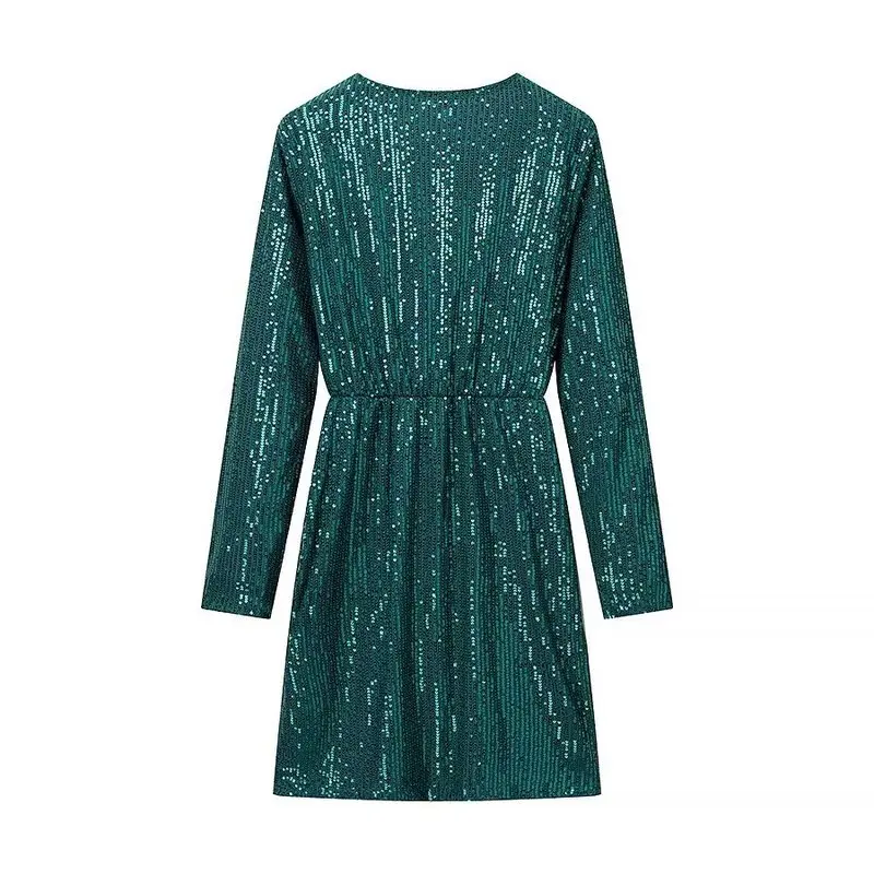 2026 Spring New Elegant Sequined Long Sleeve Dress Women's Sexy Deep V Neck High Waist Slim Fit Party Evening Cocktail Short Min view 3