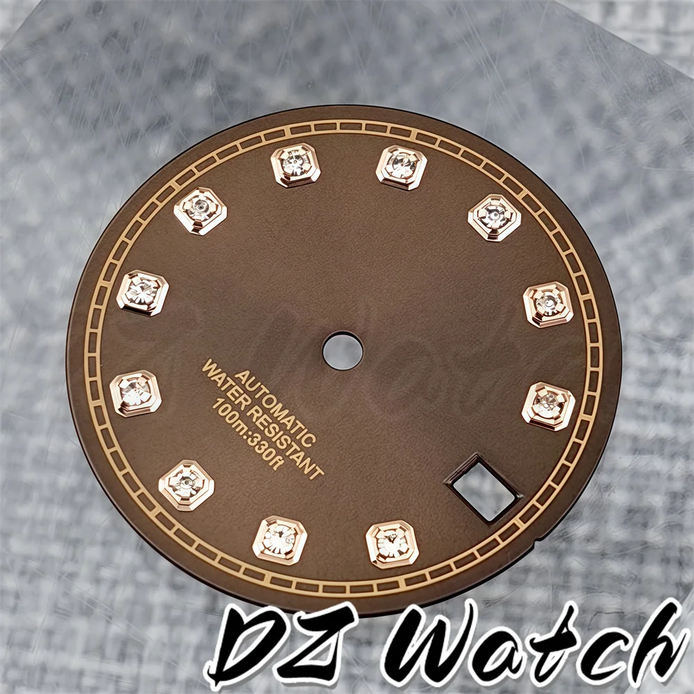 DZ 29mm Sunburst Watch Dial Pink Gold Green Dial With Diamond Index Date And Hands  Fit NH35 Automatic Watch Modified Replace