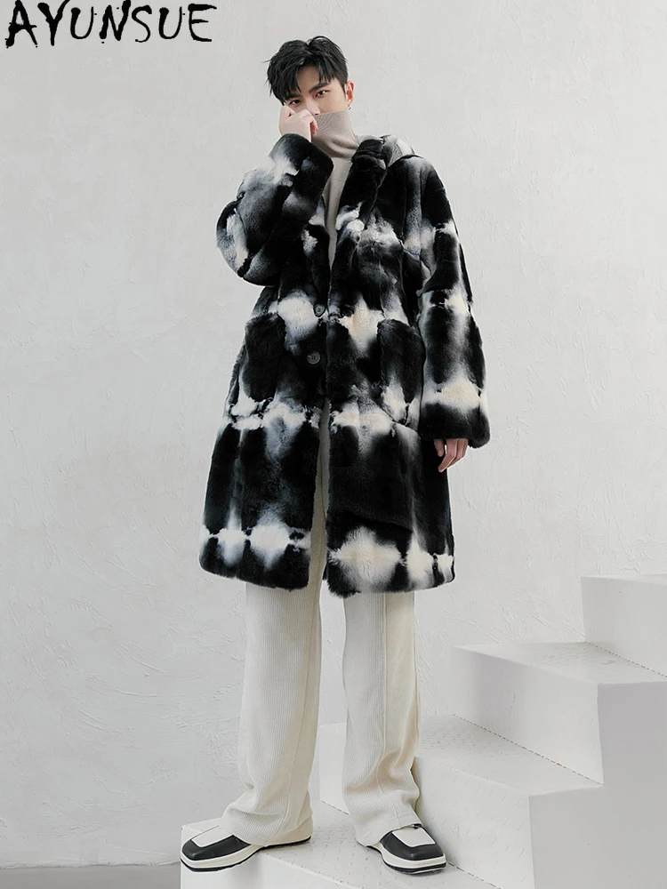 AYUNSUE Natural Rex Rabbit Fur Jacket for Men Warm Winter High-end Luxury 2025 Mid-length Real Fur Coat Hooded Men's Fur Jackets